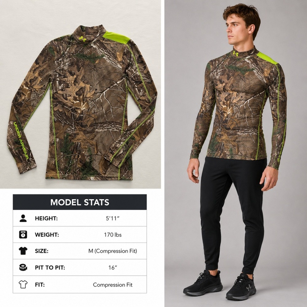 Under Armour Mens Realtree Camo Compression Shirt Long Sleeve Mock Neck Green M